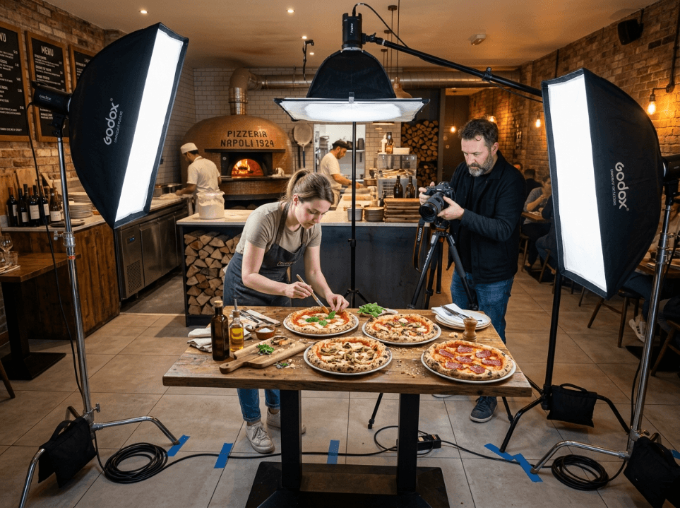 Fotograf bei der Aufnahme der Pizzazubereitung