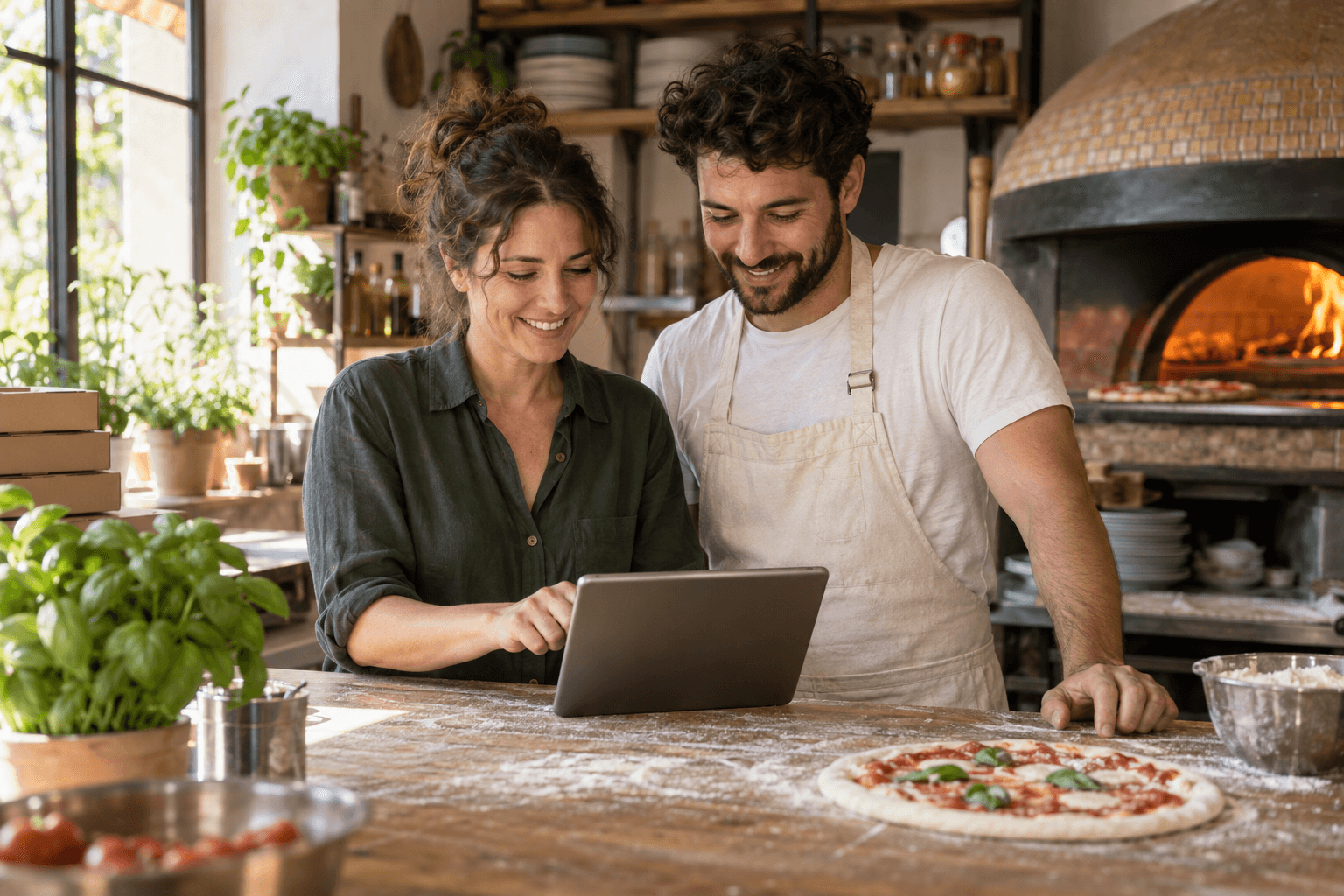 Illustrative Szene: Pizzeria-Inhaberin und Mitarbeiter arbeiten mit einem Tablet