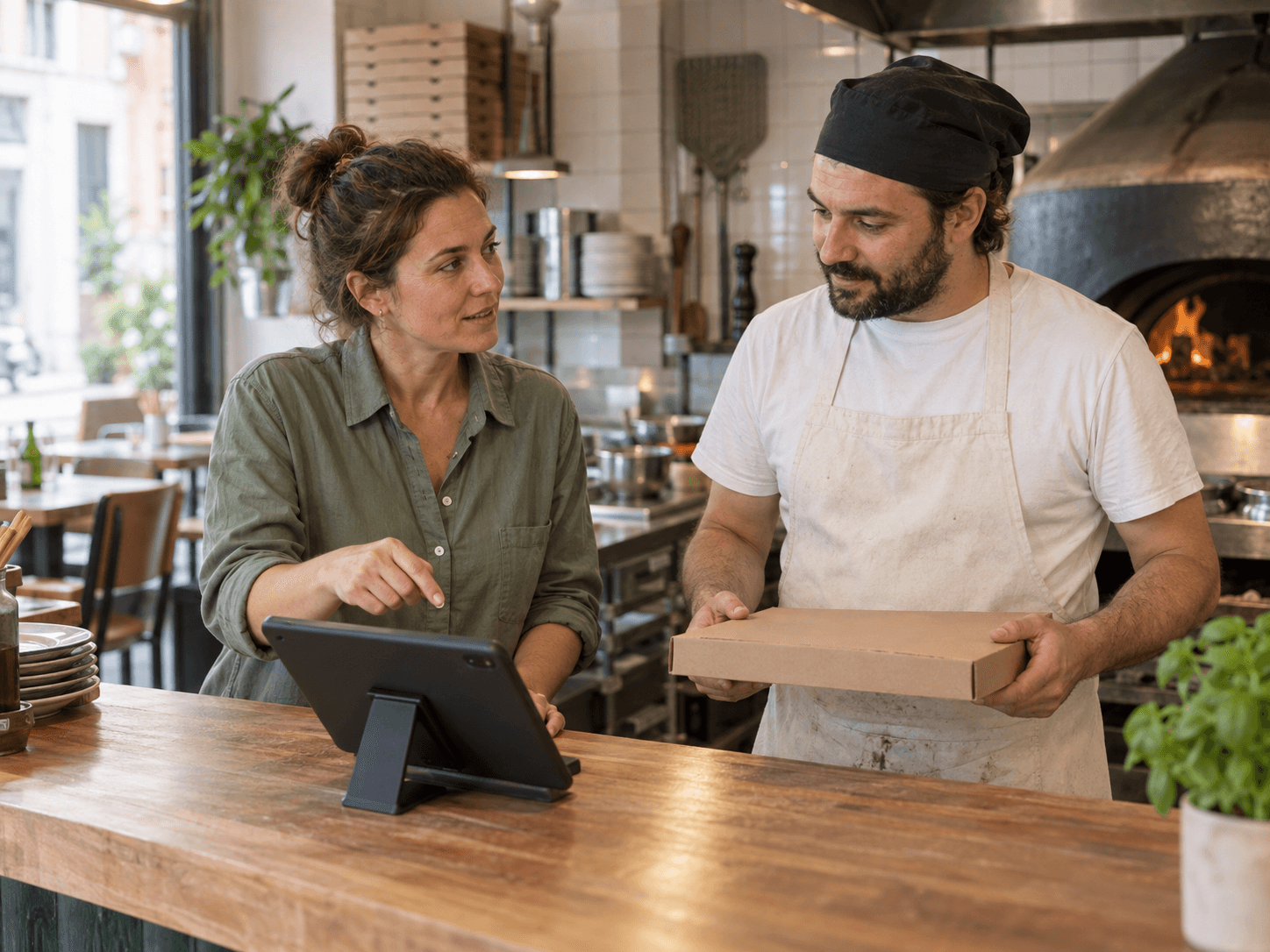 Illustrative Szene: Ein Pizzeria-Team prüft Bestellungen auf einem Tablet
